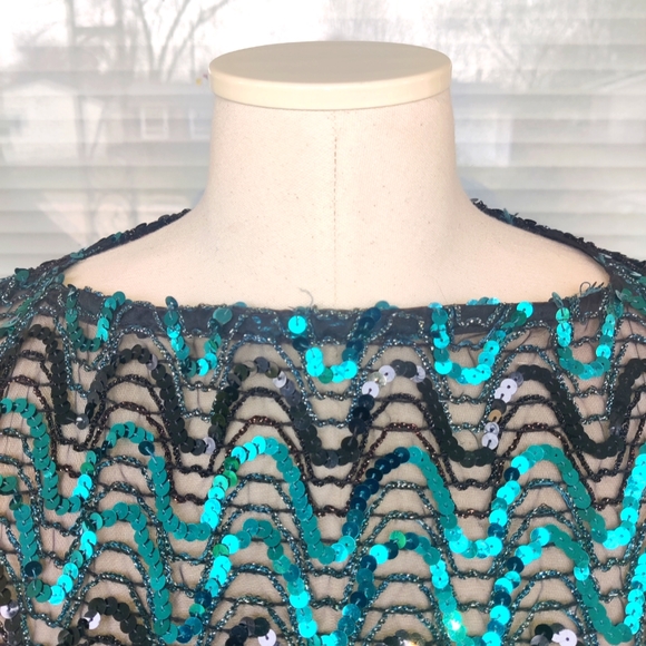 XS/S/M/L 70s/80s Green Sequin Dolman Batwing Sleeve Poncho Party Top - Picture 5 of 9